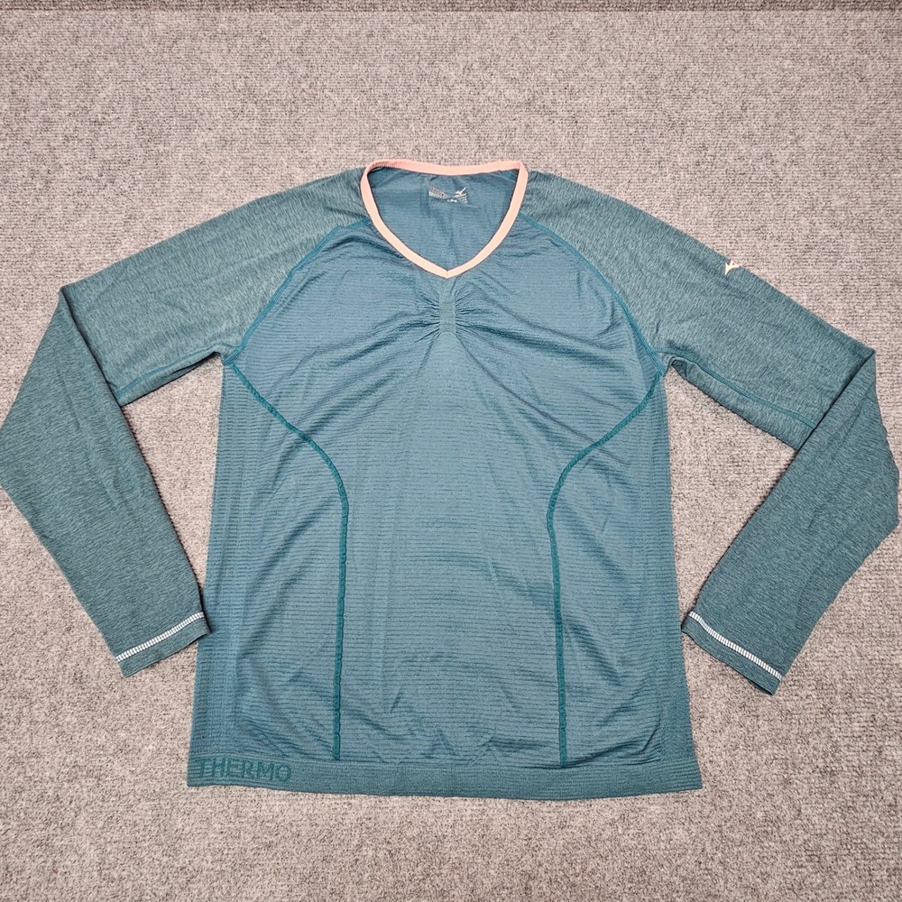 Mizuno Breath Thermo Shirt Women Large Teal Blue Long Sleeve V-Neck Athletic Top